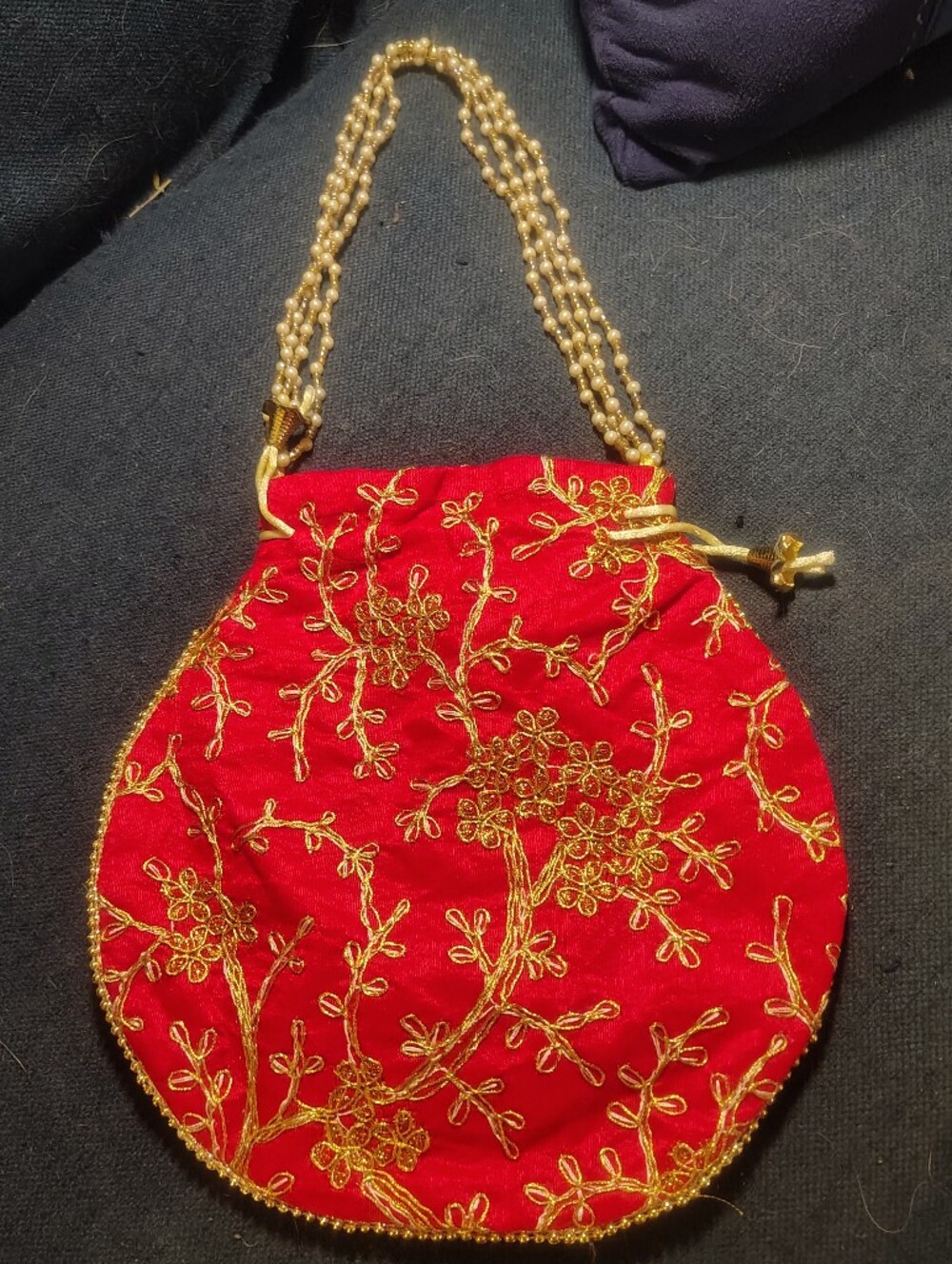 Red Gold Zardozi Embroidered Potli Bag Faux Pearl Handle Drawstring Evening Bag
